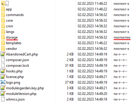 Abandoned Cart For WHMCS: module storage folder with recursive write permissions set to 777