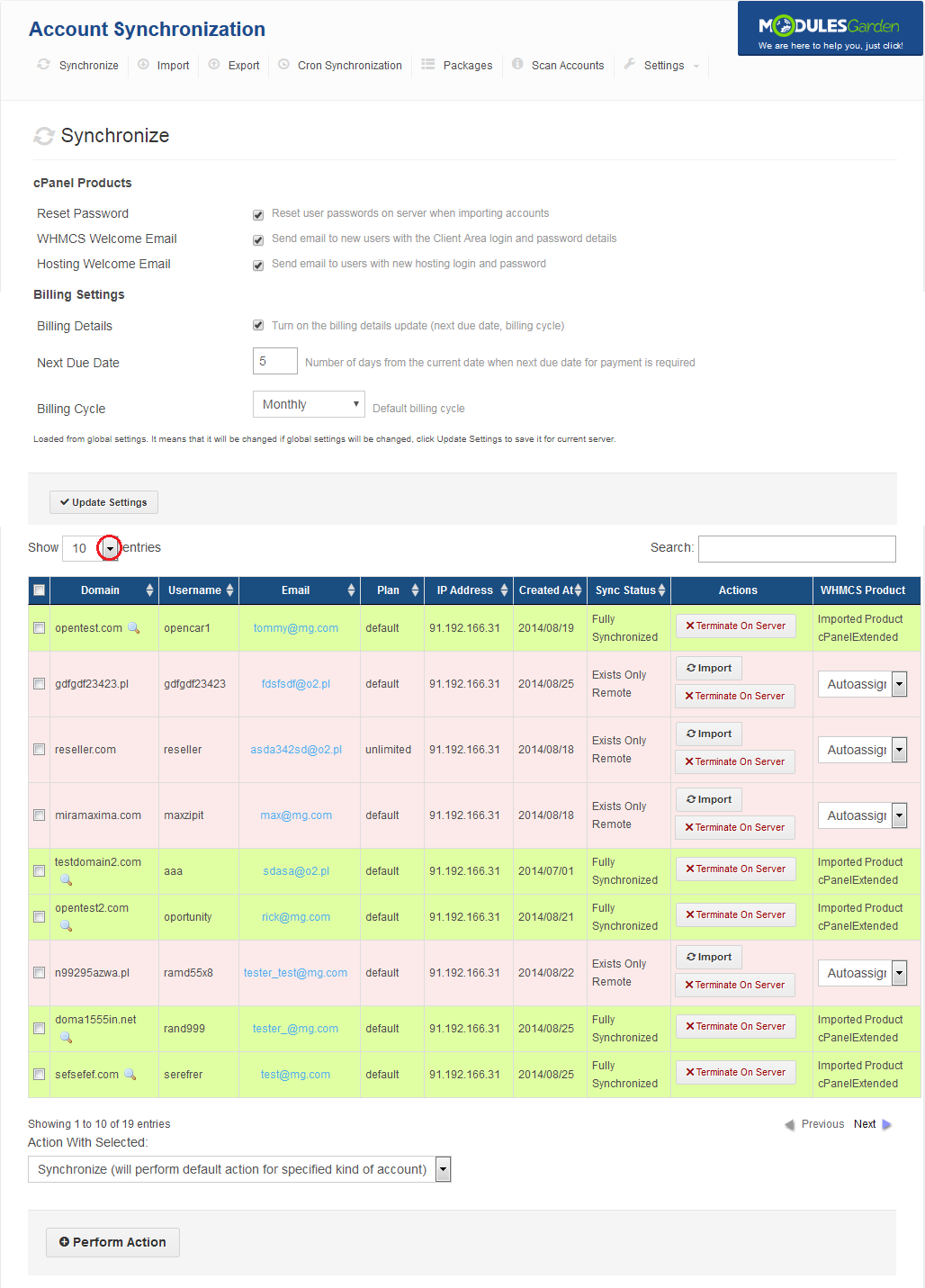Account Synchronization For WHMCS: Synchronize accounts list with the Show entries dropdown highlighted