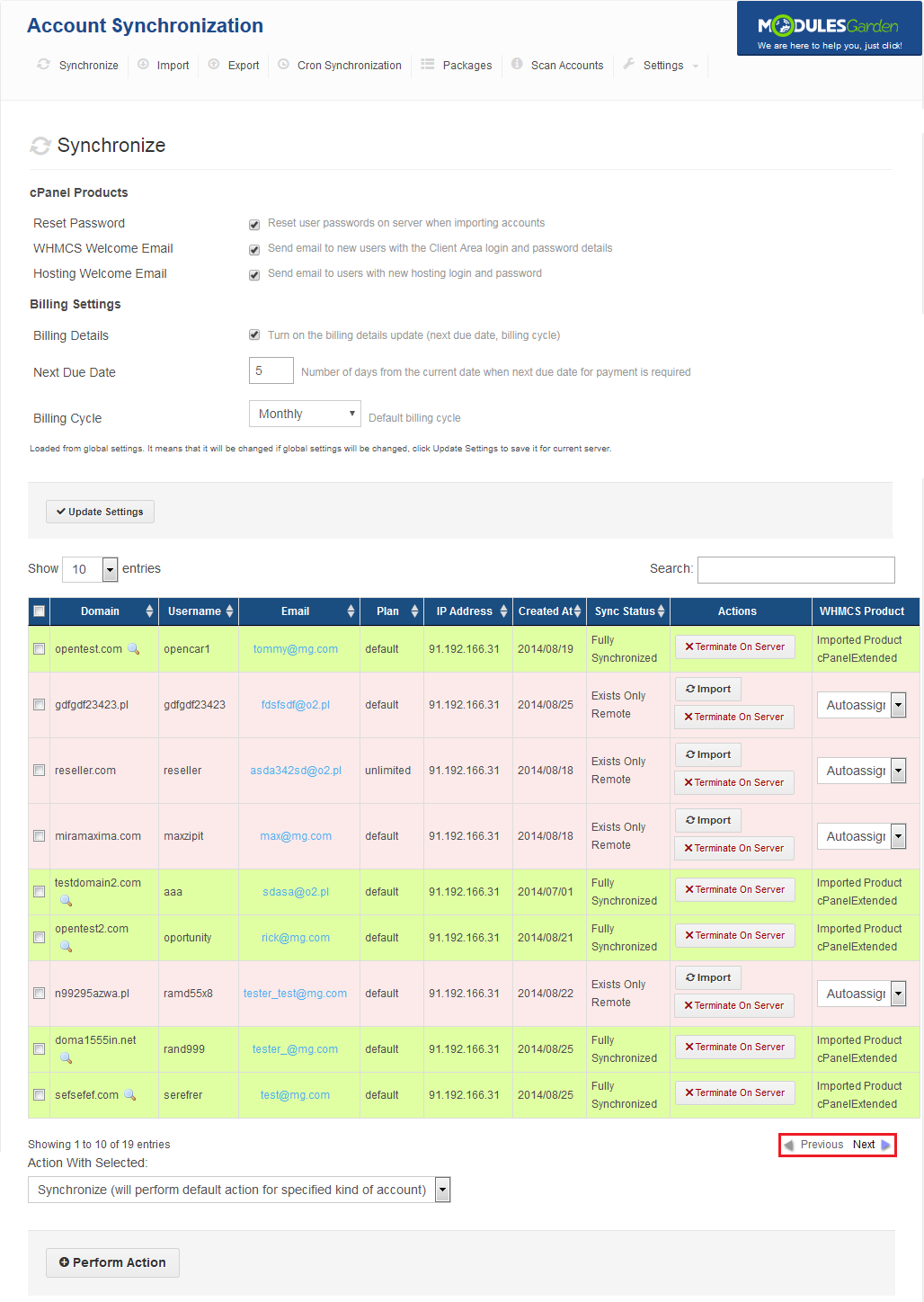 Account Synchronization For WHMCS: Synchronize accounts list with the Previous and Next pagination buttons highlighted