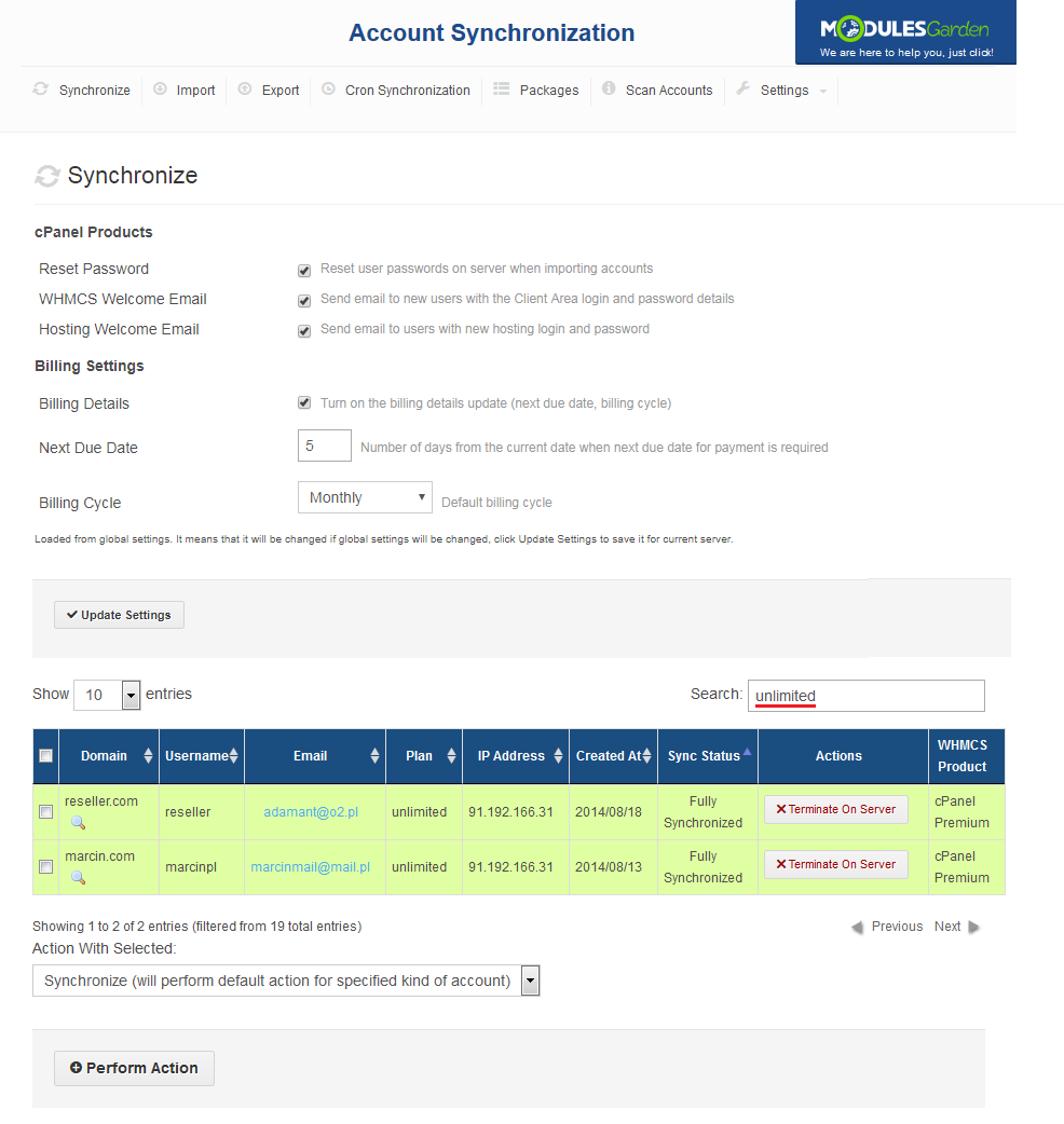 Account Synchronization For WHMCS: Synchronize accounts list filtered by the search term unlimited showing two accounts