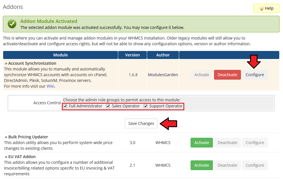 Account Synchronization For WHMCS: Addon Modules configuration with admin role groups ticked under Access Control