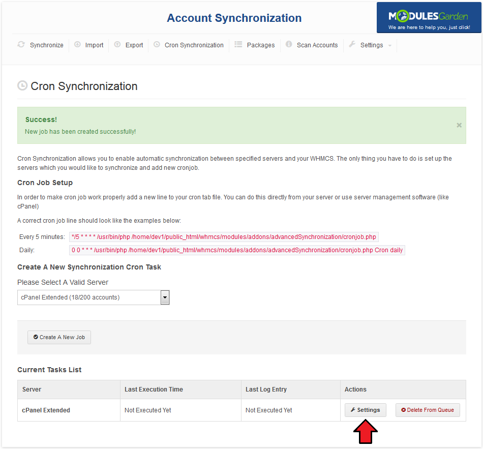 Account Synchronization For WHMCS: Cron Synchronization tab with a created job in Current Tasks List and its Settings