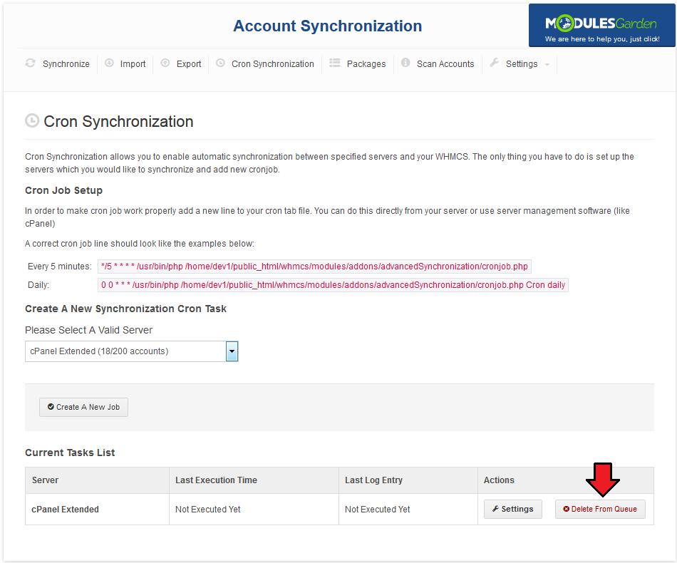 Account Synchronization For WHMCS: Cron Synchronization Current Tasks List with the Delete From Queue button highlighted