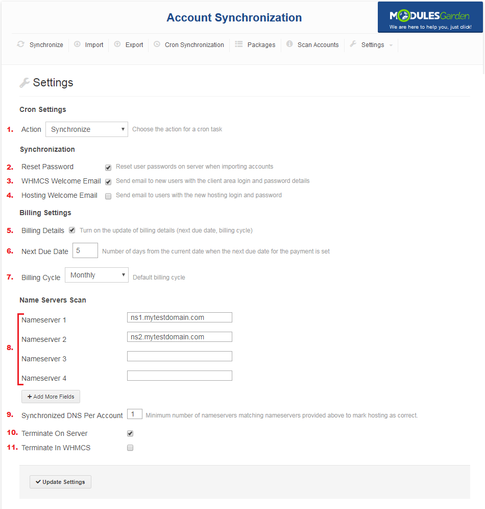 Account Synchronization For WHMCS: cron job Settings form with numbered options for action, billing and nameserver scan