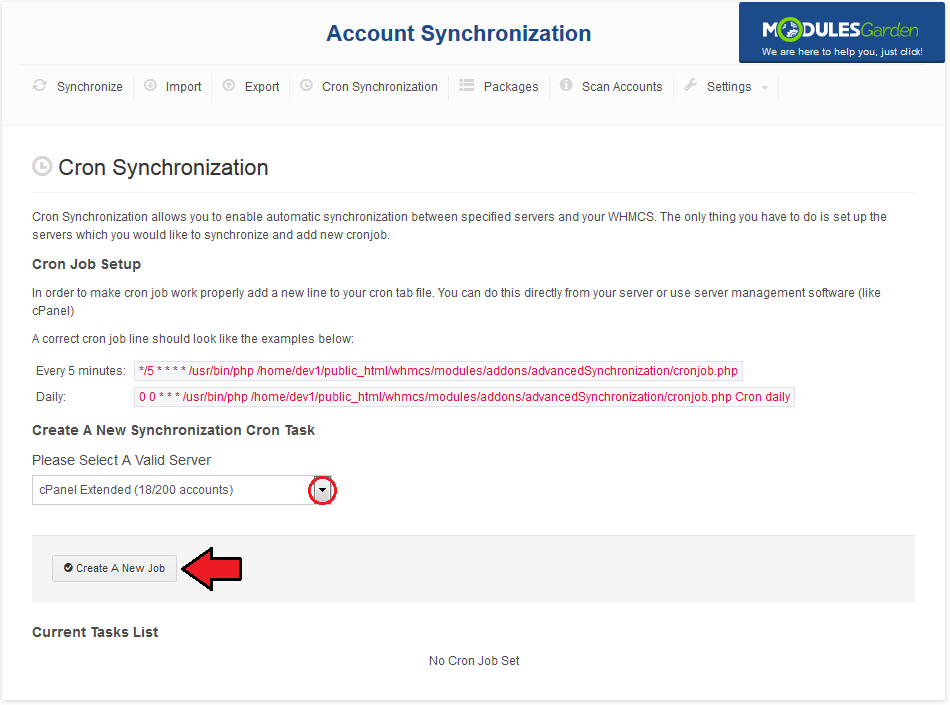 Account Synchronization For WHMCS: Cron Synchronization tab with the server dropdown and the Create A New Job button