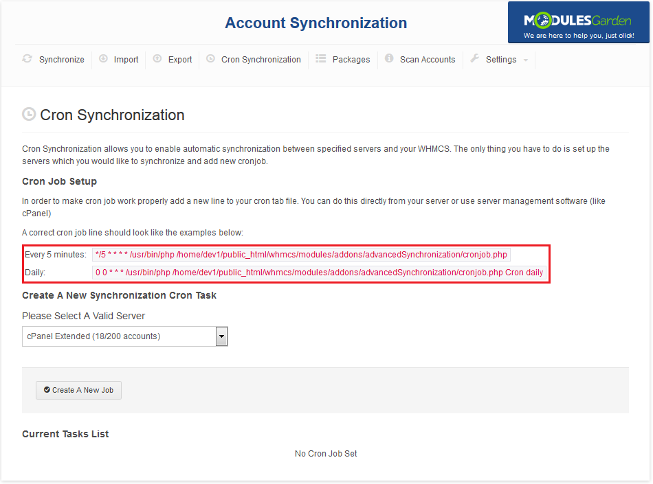 Account Synchronization For WHMCS: Cron Synchronization tab with example cron job lines for 5 minute and daily runs