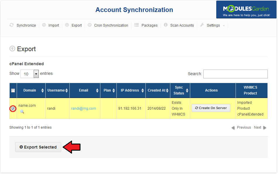 Account Synchronization For WHMCS: Export tab account list with a checked account and the Export Selected button