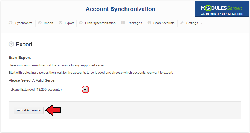 Account Synchronization For WHMCS: Export tab with the server dropdown and the List Accounts button highlighted