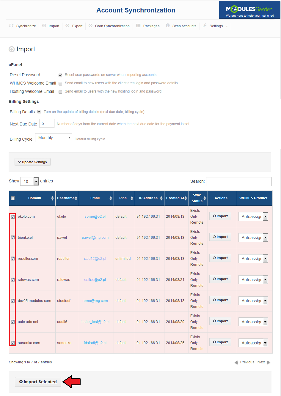 Account Synchronization For WHMCS: Import tab accounts list with checked accounts and the Import Selected button