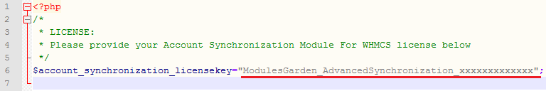 Account Synchronization For WHMCS: license.php file open in an editor with the license key between quotation marks