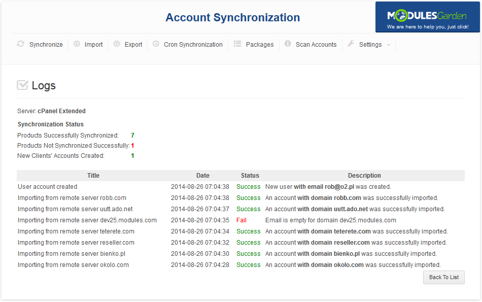 Account Synchronization For WHMCS: Logs details page with synchronization status counts and the list of module actions