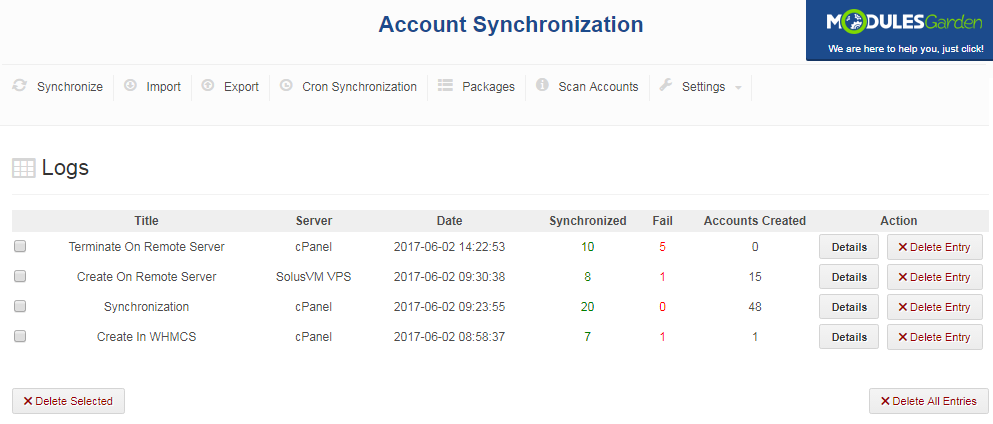 Account Synchronization For WHMCS: Logs tab with the list of actions, servers, dates and the Details button for each