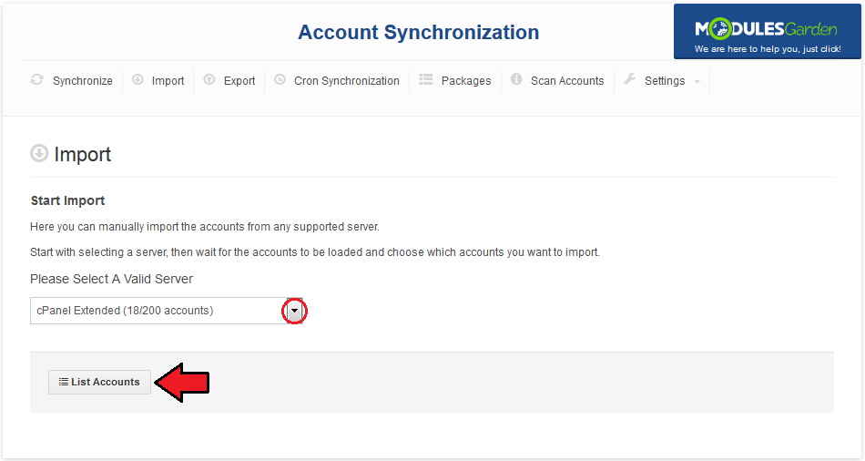 Account Synchronization For WHMCS: Import tab with the server dropdown and the List Accounts button highlighted (2)