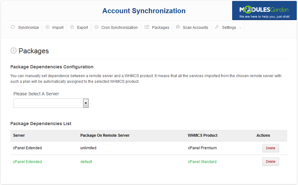 Account Synchronization For WHMCS: Packages tab with the Package Dependencies List showing the newly added dependency