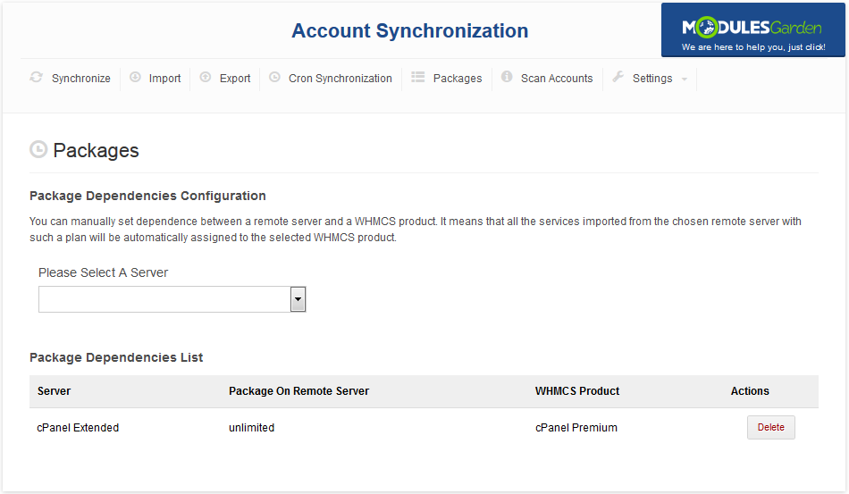 Account Synchronization For WHMCS: Packages tab with the server dropdown and a list of package dependencies