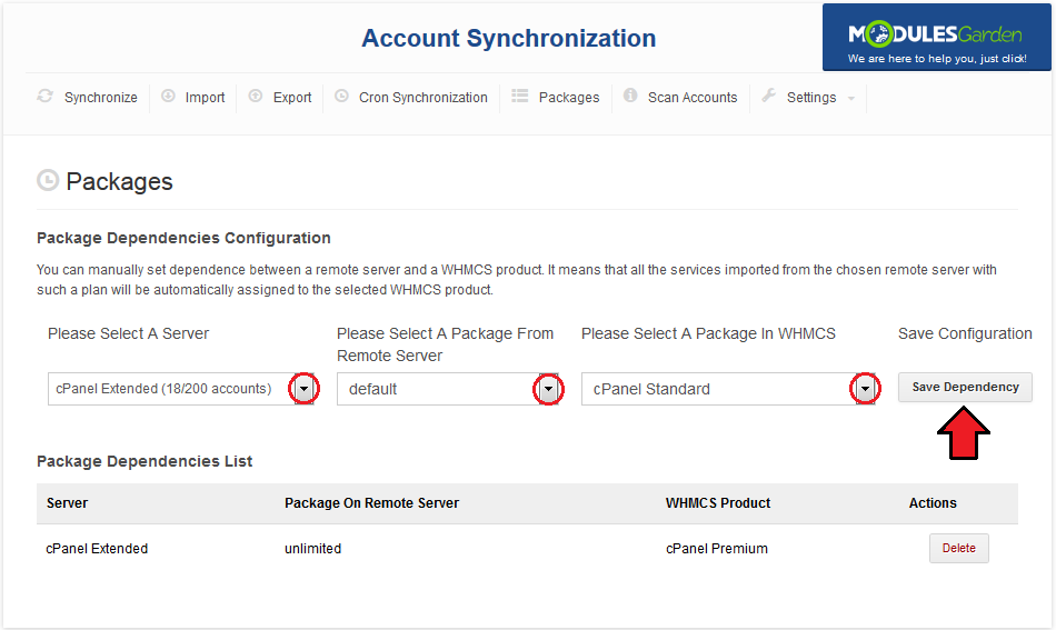 Account Synchronization For WHMCS: Packages tab with server and package dropdowns and the Save Dependency button