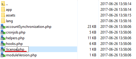 Account Synchronization For WHMCS: file manager with the licenseRENAME.php file being renamed to license.php