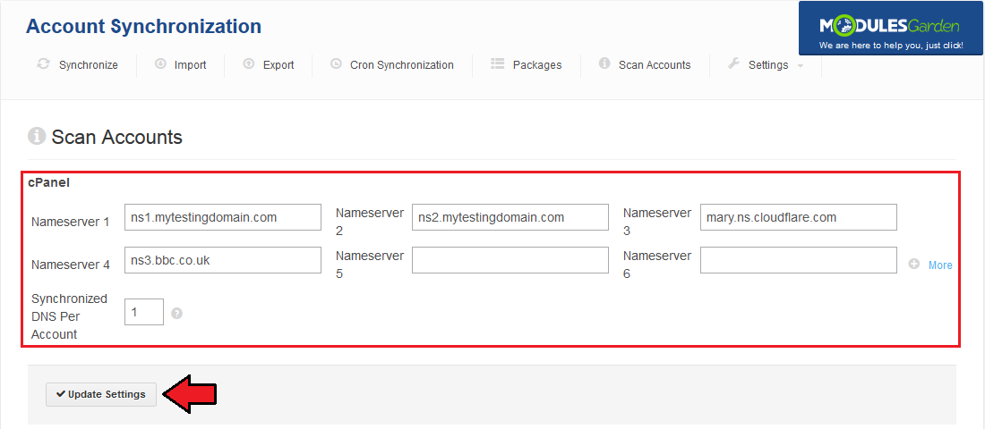 Account Synchronization For WHMCS: Scan Accounts tab with nameserver fields, synchronized DNS per account and Update