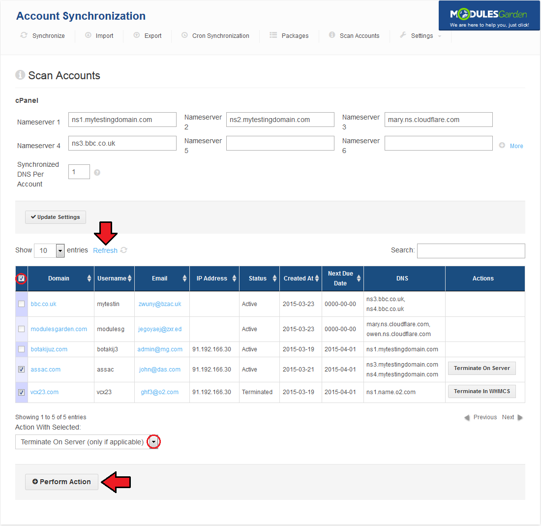Account Synchronization For WHMCS: Scan Accounts results table with a DNS column, action dropdown and Perform Action