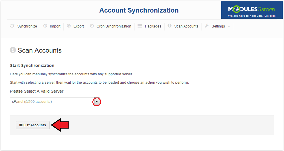 Account Synchronization For WHMCS: Scan Accounts tab with the server dropdown and the List Accounts button highlighted
