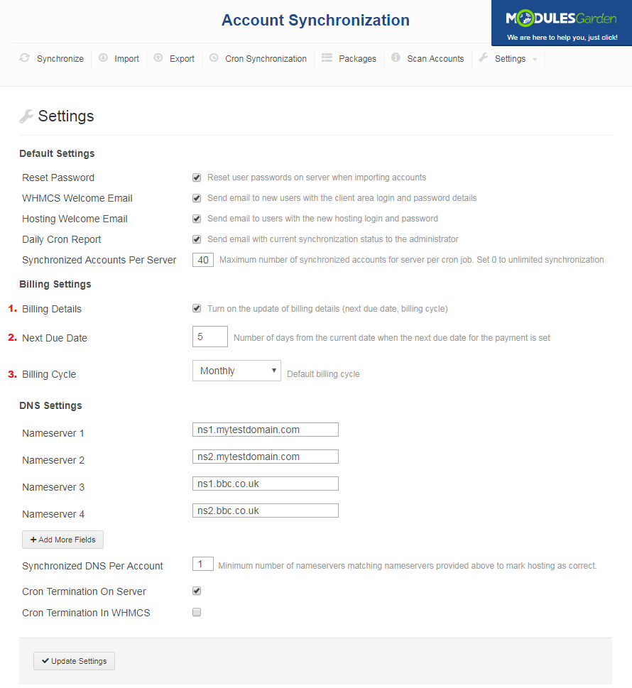 Account Synchronization For WHMCS: Settings tab with numbered Billing Settings for billing details, due date and cycle