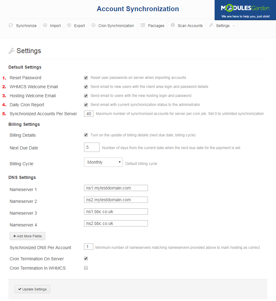 Account Synchronization For WHMCS: Settings tab with numbered Default Settings and the synchronized accounts per server