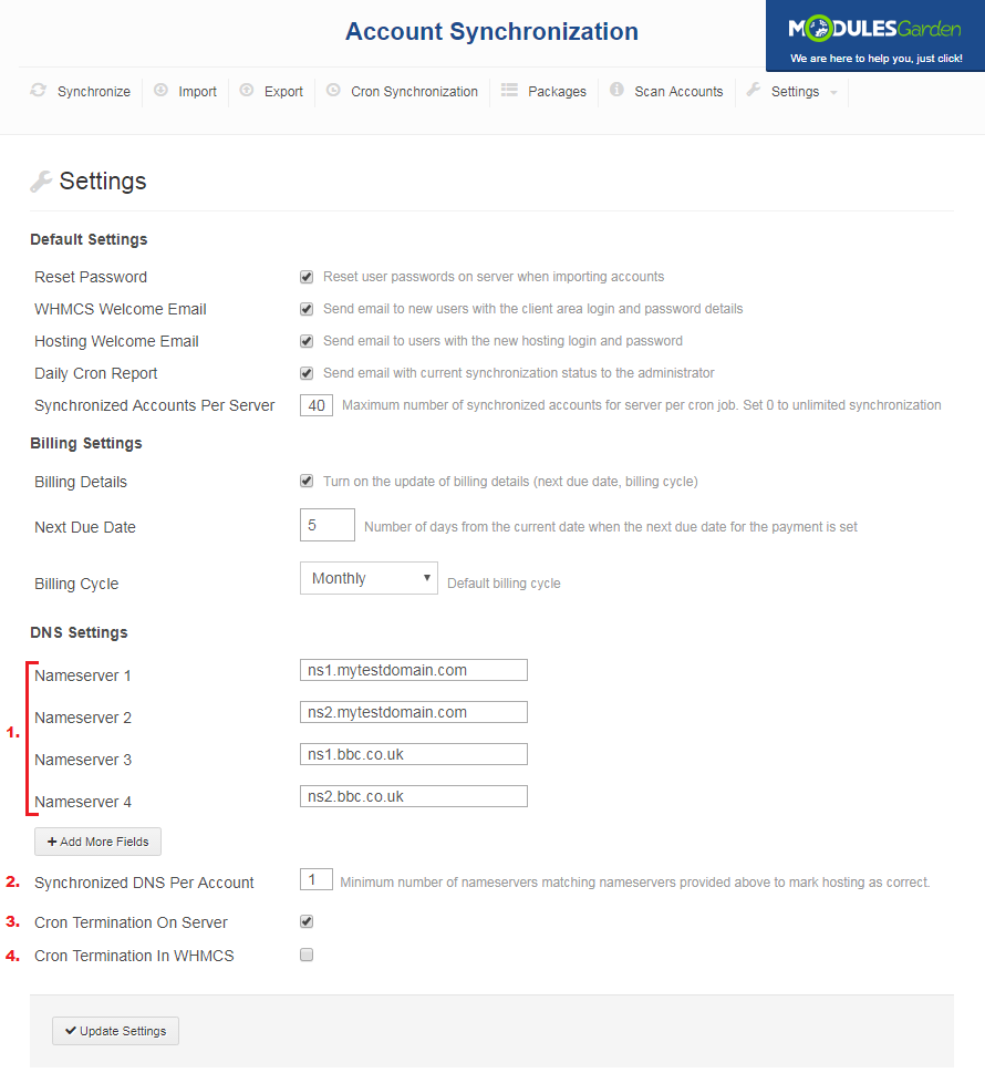 Account Synchronization For WHMCS: Settings tab with the DNS Settings nameservers and cron termination options numbered