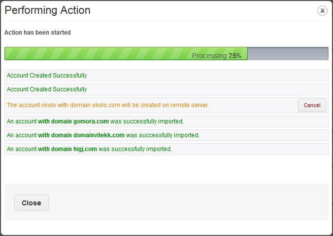 Account Synchronization For WHMCS: Performing Action dialog with a progress bar at 75 percent and imported account