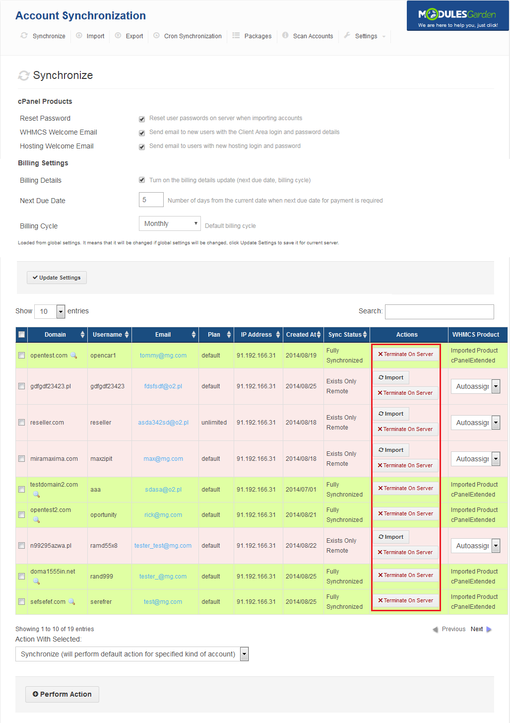 Account Synchronization For WHMCS: Synchronize accounts list with sync statuses and the Actions column marked