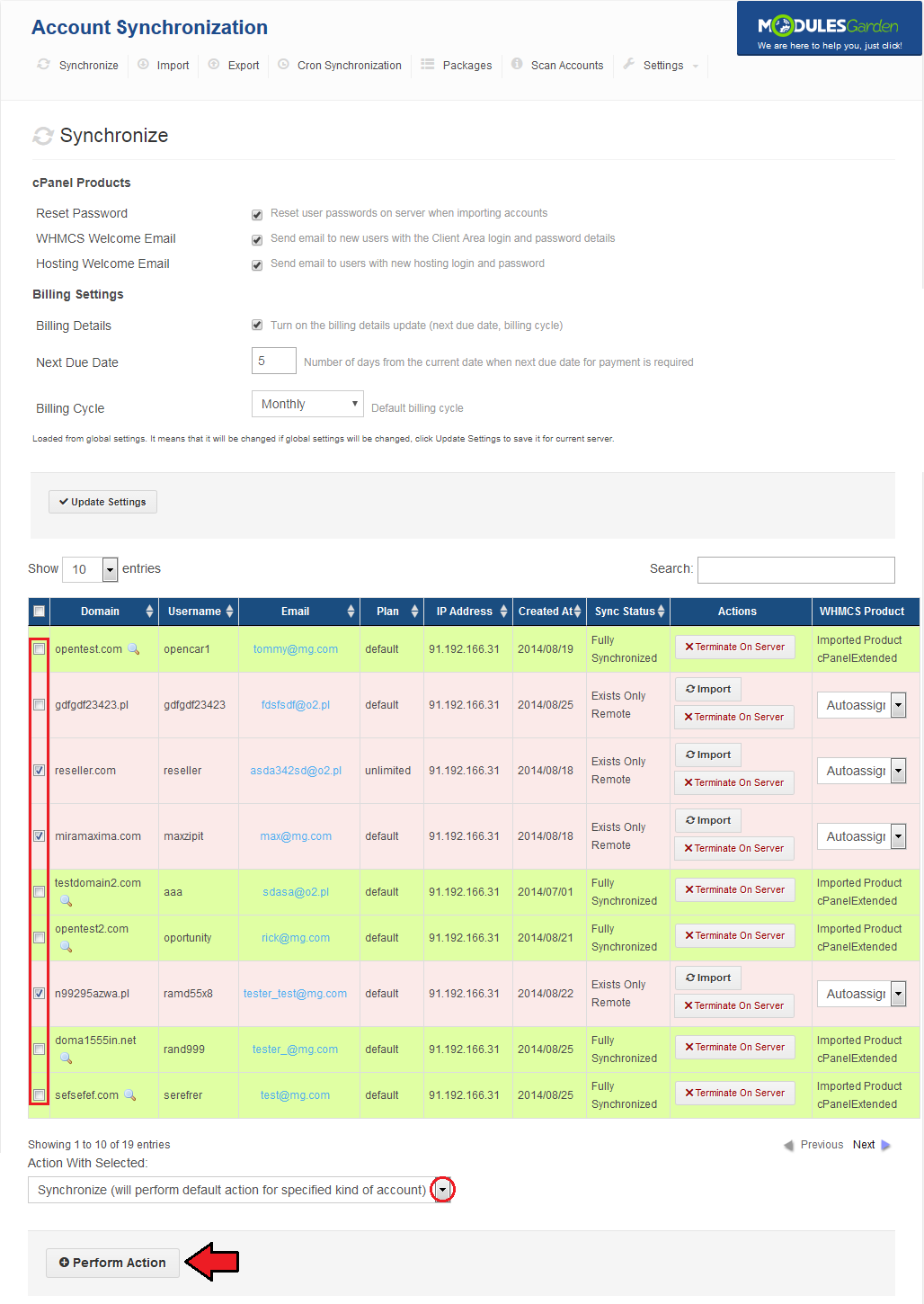 Account Synchronization For WHMCS: Synchronize accounts list with checked accounts, action dropdown and Perform Action