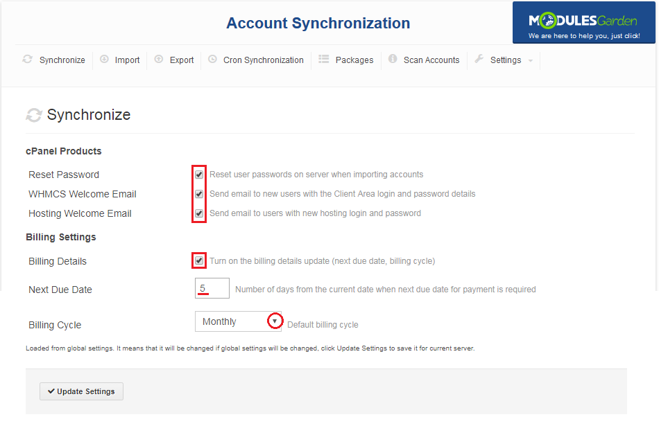 Account Synchronization For WHMCS: Synchronize tab server settings for passwords, emails and billing with Update
