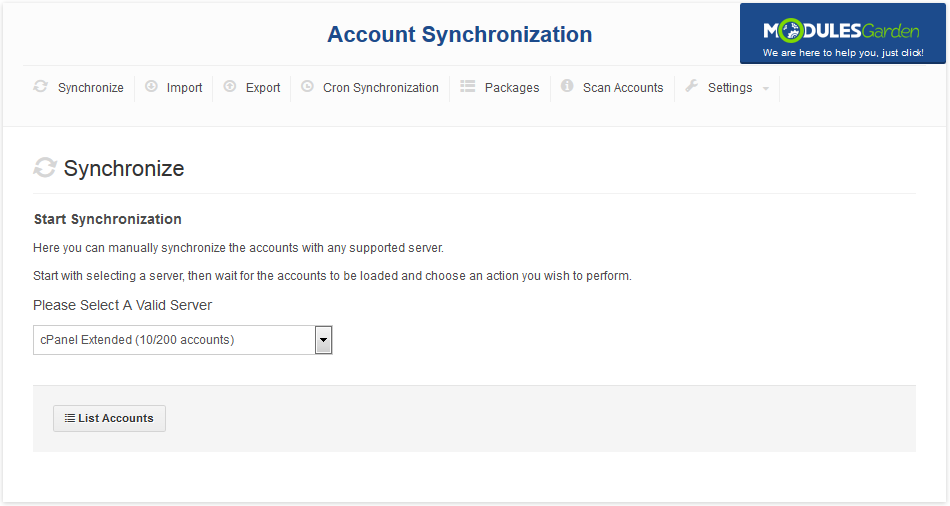 Account Synchronization For WHMCS: Synchronize tab with a cPanel Extended server in the server dropdown menu