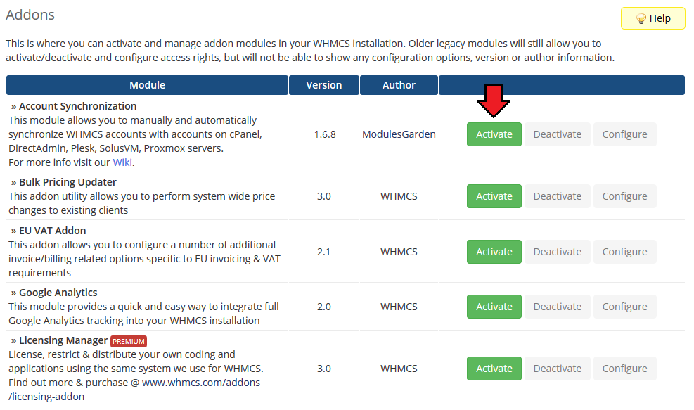 Account Synchronization For WHMCS: WHMCS Addon Modules list with the Activate button next to Account Synchronization