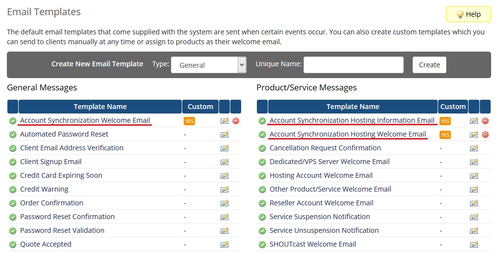 Account Synchronization For WHMCS: WHMCS Email Templates list with the three Account Synchronization templates