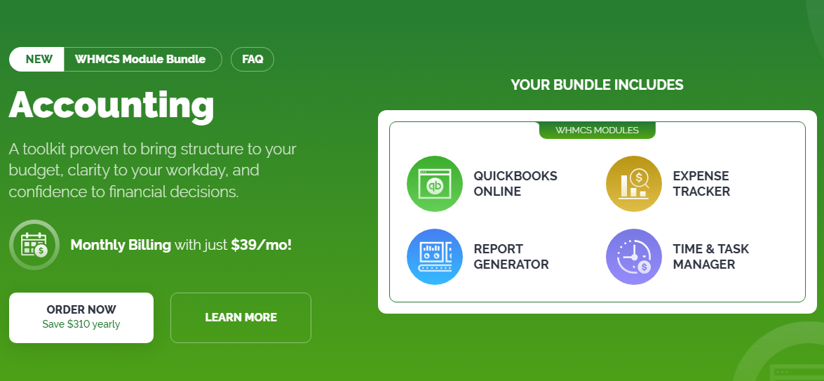 Accounting WHMCS Module Bundle: banner listing QuickBooks Online, Expense Tracker, Report Generator, Time & Task Manager