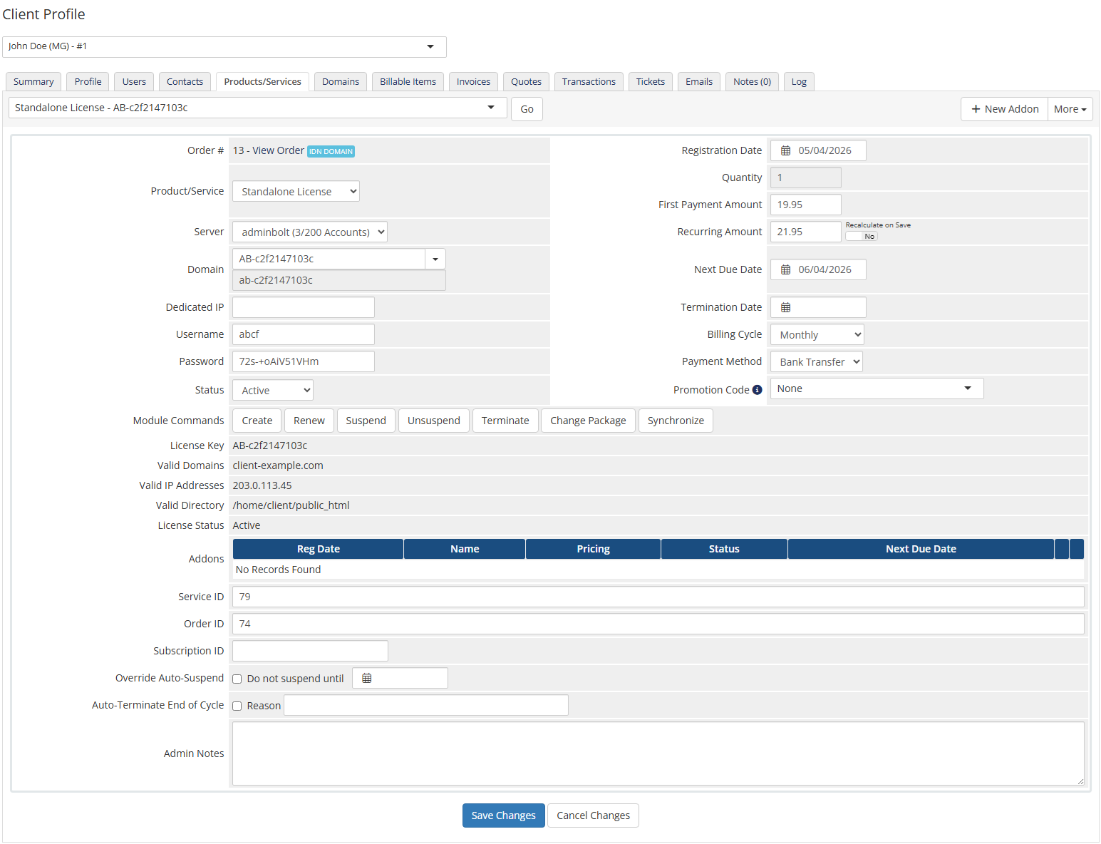 AdminBolt Licenses For WHMCS: WHMCS admin area client product page with license key, valid domains, IPs and directory