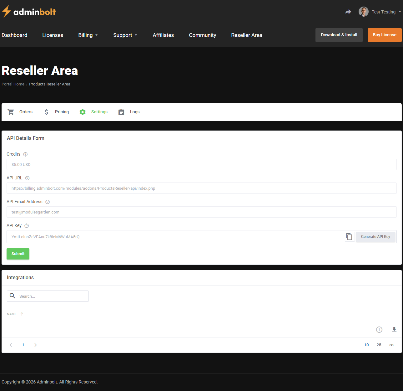 AdminBolt Licenses For WHMCS: AdminBolt Reseller Area Settings tab with API URL, API email address and API key fields