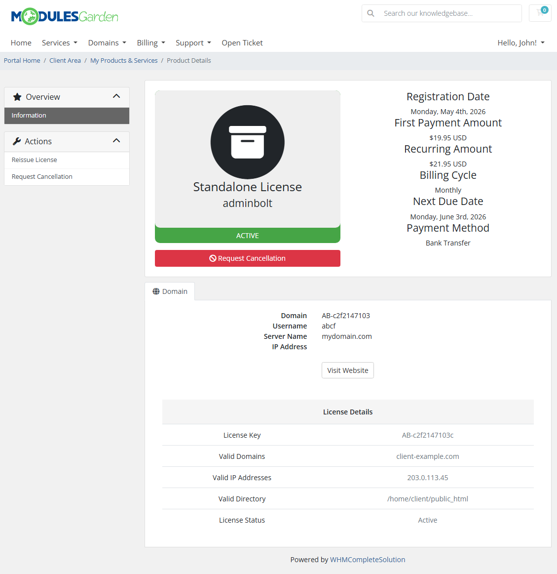 AdminBolt Licenses For WHMCS: client area product details page with license details and the Reissue License action