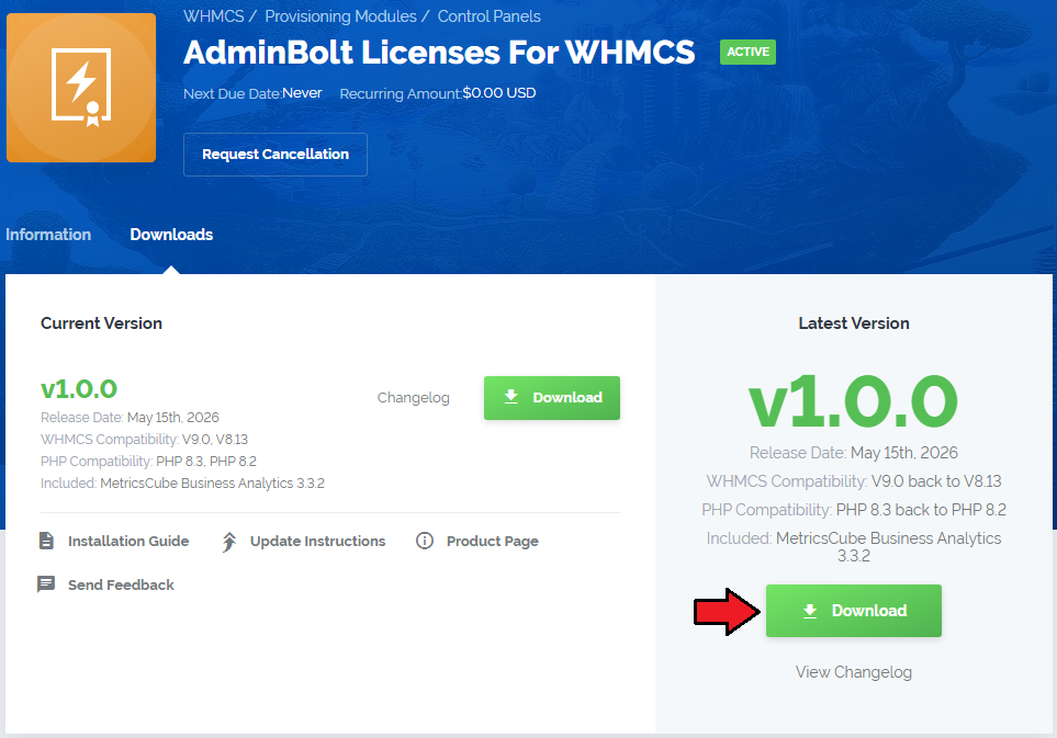 AdminBolt Licenses For WHMCS: client area Downloads tab of the module product with the Download button highlighted
