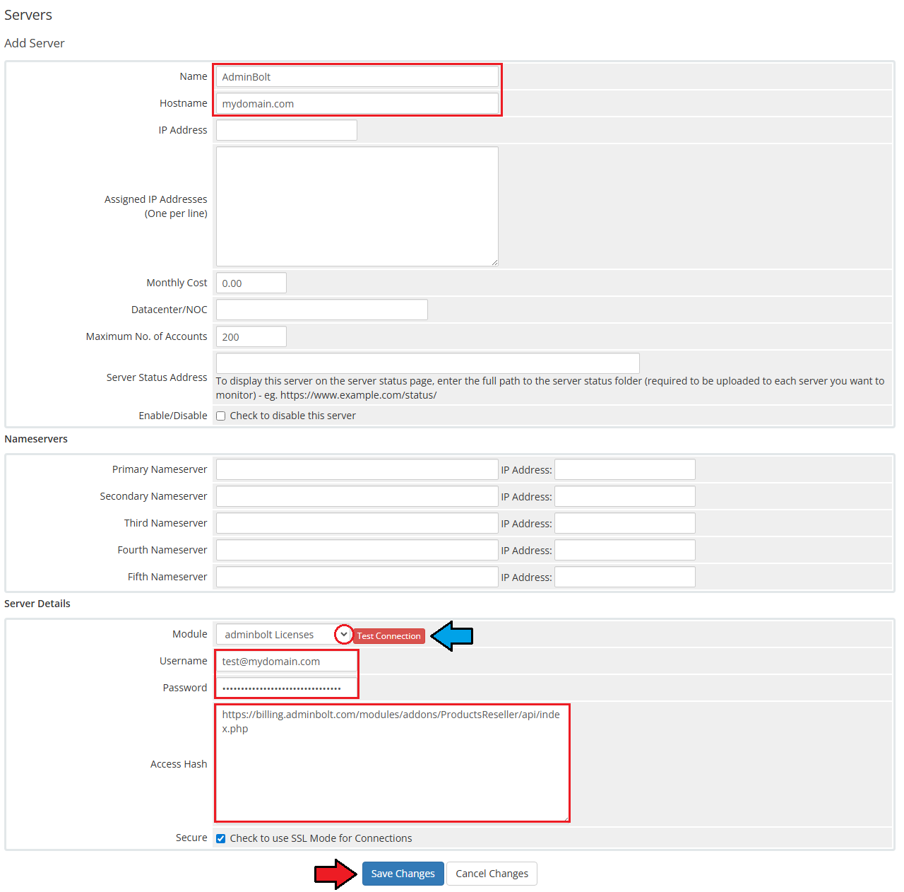 AdminBolt Licenses For WHMCS: WHMCS Add Server form with the adminbolt Licenses module, credentials and API URL hash