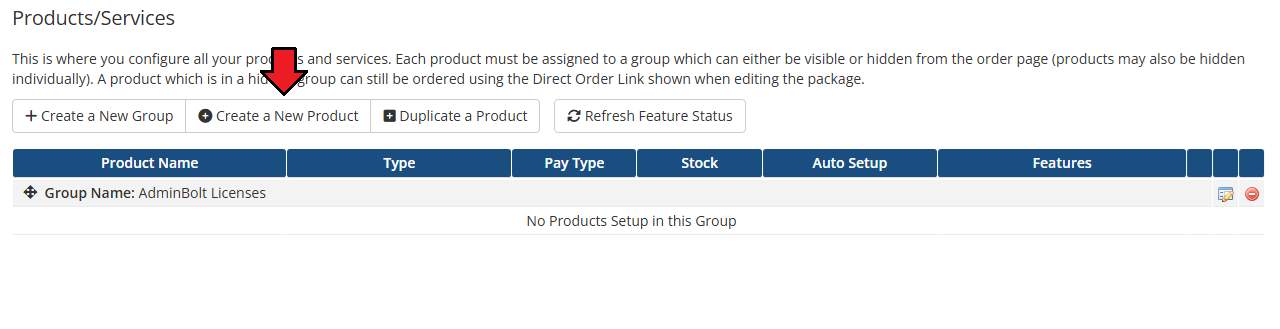 AdminBolt Licenses For WHMCS: WHMCS Products/Services page with the AdminBolt Licenses group and Create a New Product