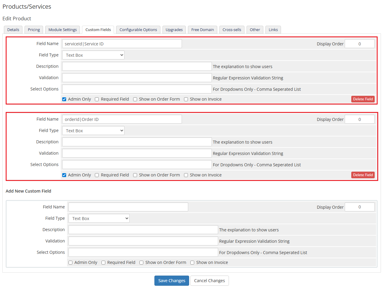 AdminBolt Licenses For WHMCS: WHMCS Custom Fields tab with the automatically created serviceId and orderId fields