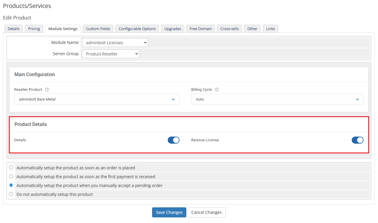 AdminBolt Licenses For WHMCS: WHMCS Module Settings tab with the Product Details switches for Details and Reissue