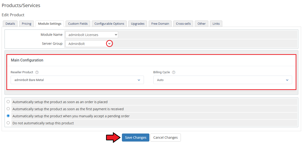 AdminBolt Licenses For WHMCS: WHMCS Edit Product Module Settings tab with server group, reseller product and billing