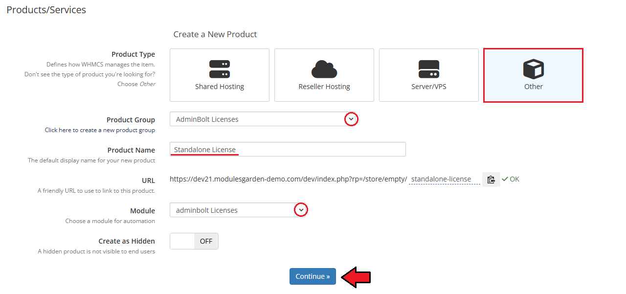 AdminBolt Licenses For WHMCS: WHMCS Create a New Product form with type Other, group, name and the adminbolt Licenses