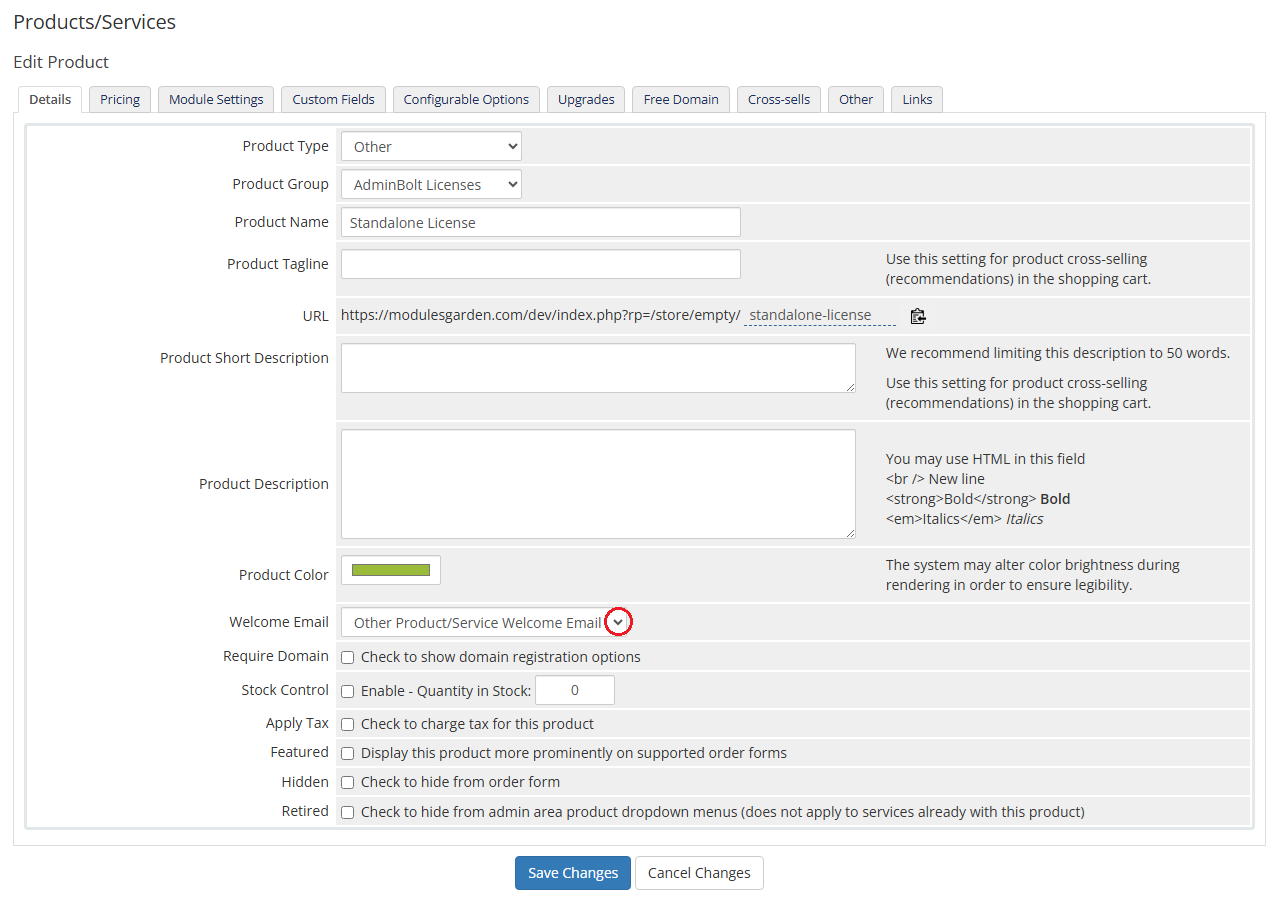 AdminBolt Licenses For WHMCS: WHMCS Edit Product Details tab with product name, group, description and welcome email