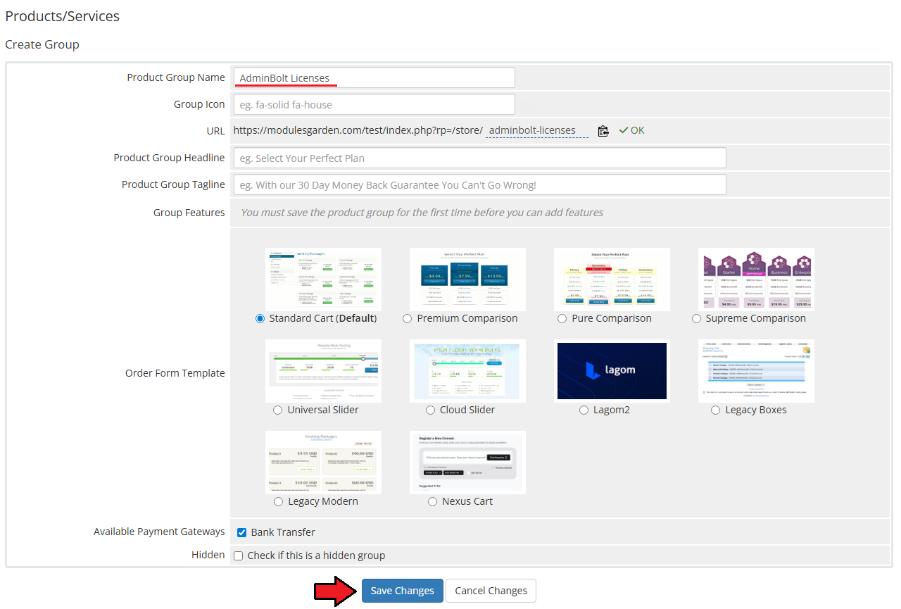 AdminBolt Licenses For WHMCS: WHMCS product Create Group form with the AdminBolt Licenses group name and order form