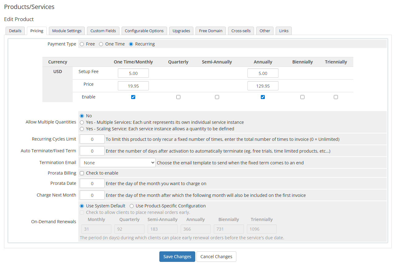 AdminBolt Licenses For WHMCS: WHMCS Edit Product Pricing tab with recurring payment type, setup fees and prices per