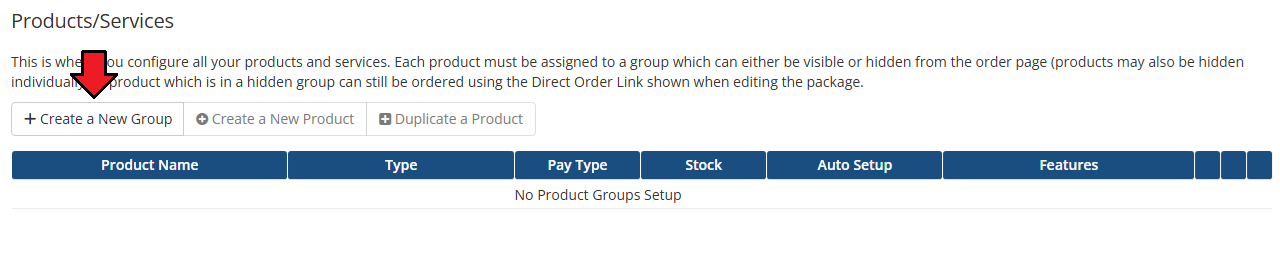 AdminBolt Licenses For WHMCS: WHMCS Products/Services page with the Create a New Group button highlighted