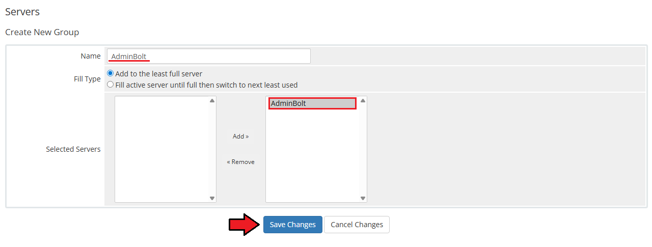 AdminBolt Licenses For WHMCS: WHMCS Create New Group form with the AdminBolt server selected and the Save Changes button